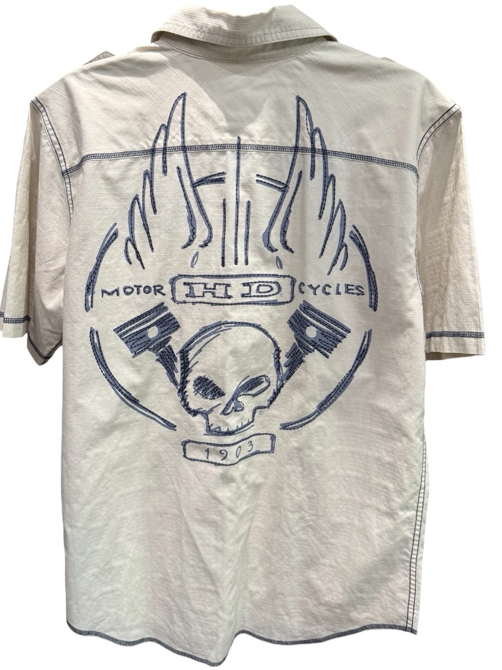 Harley-Davidson Cream Short-Sleeve Mechanic Shirt with Navy Skull Graphic Medium
